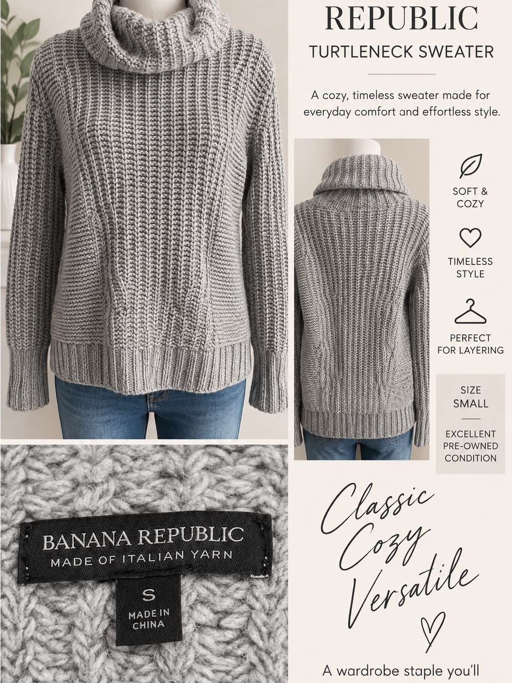 Banana Republic Light Gray Cable Turtleneck Sweater